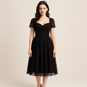 eShakti Black Lace Fit & Flare Dress Custom Sweetheart Neckline Lined M